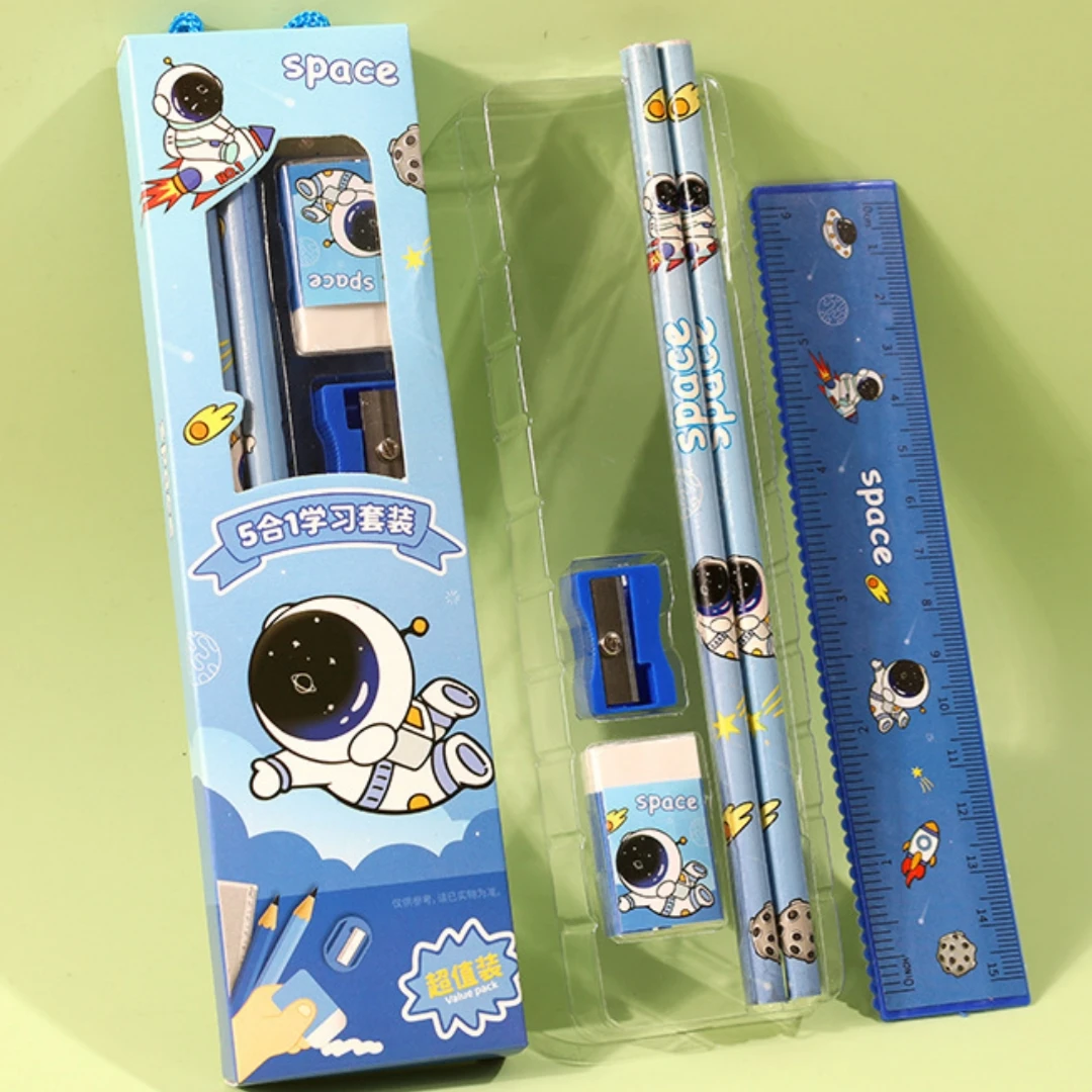 Creative Student Pencils Sharpener Eraser Ruler 5-in-1 Set Children's Cute Stationery 5-Piece Set  Study  Supplies Kawaii Prize