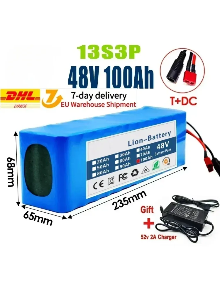 2025 Nieuwe 48 V 100Ah 2000 W 13S3P DC/T Lithium Ion Batterij Geschikt voor 48 V motoren met BMS + 54.6 V Lader - afbeelding 2