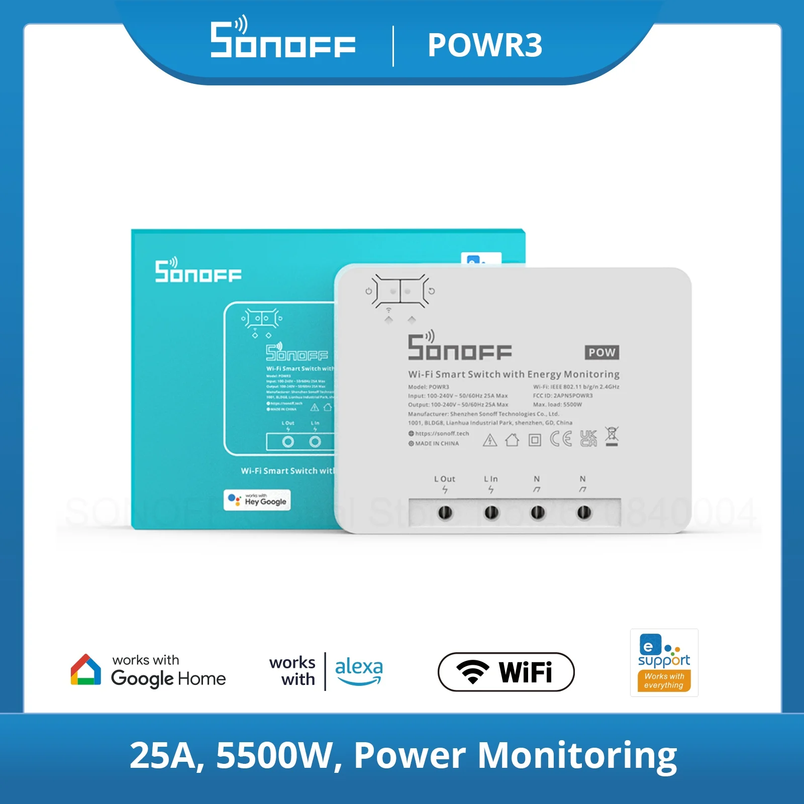 SONOFF POW R3 25A Power Metering WiFi Smart Switch Overload Protection Energy Saving Track on eWeLink Works with Google Alexa