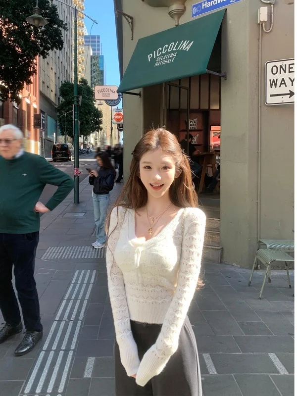 

Корейский зимний теплый вязаный свитер V-Ne с вырезами и волнами Lazy Girl Long Sve Top Faion Commute Sle Regular Fit