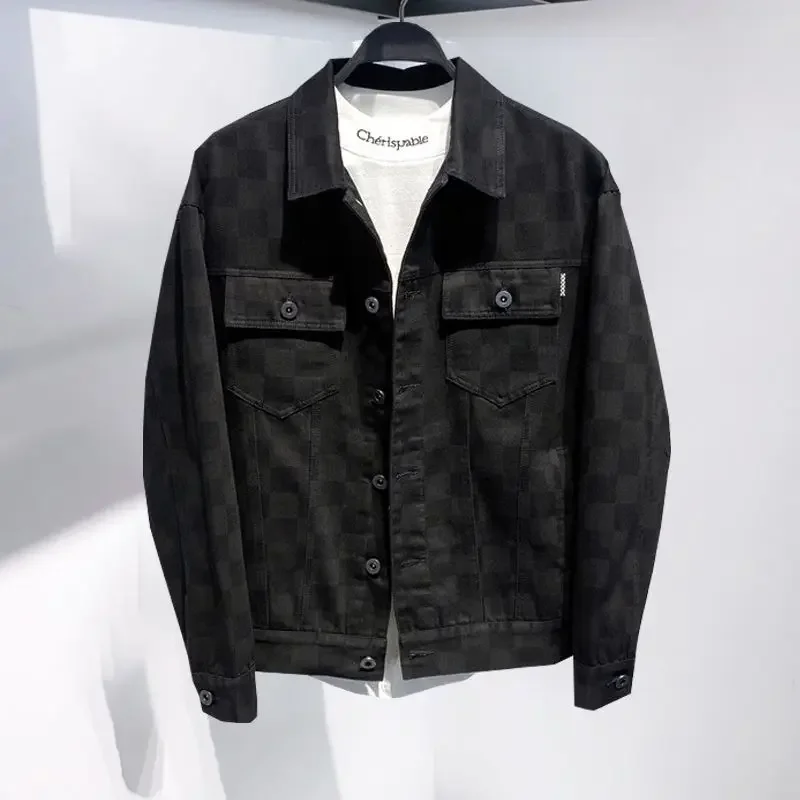 

Jeans Coat for Men with Print Denim Jackets Man Plaid Black New in Cowboy Y2k One Piece Loose Branded High Quality Size L Rock G