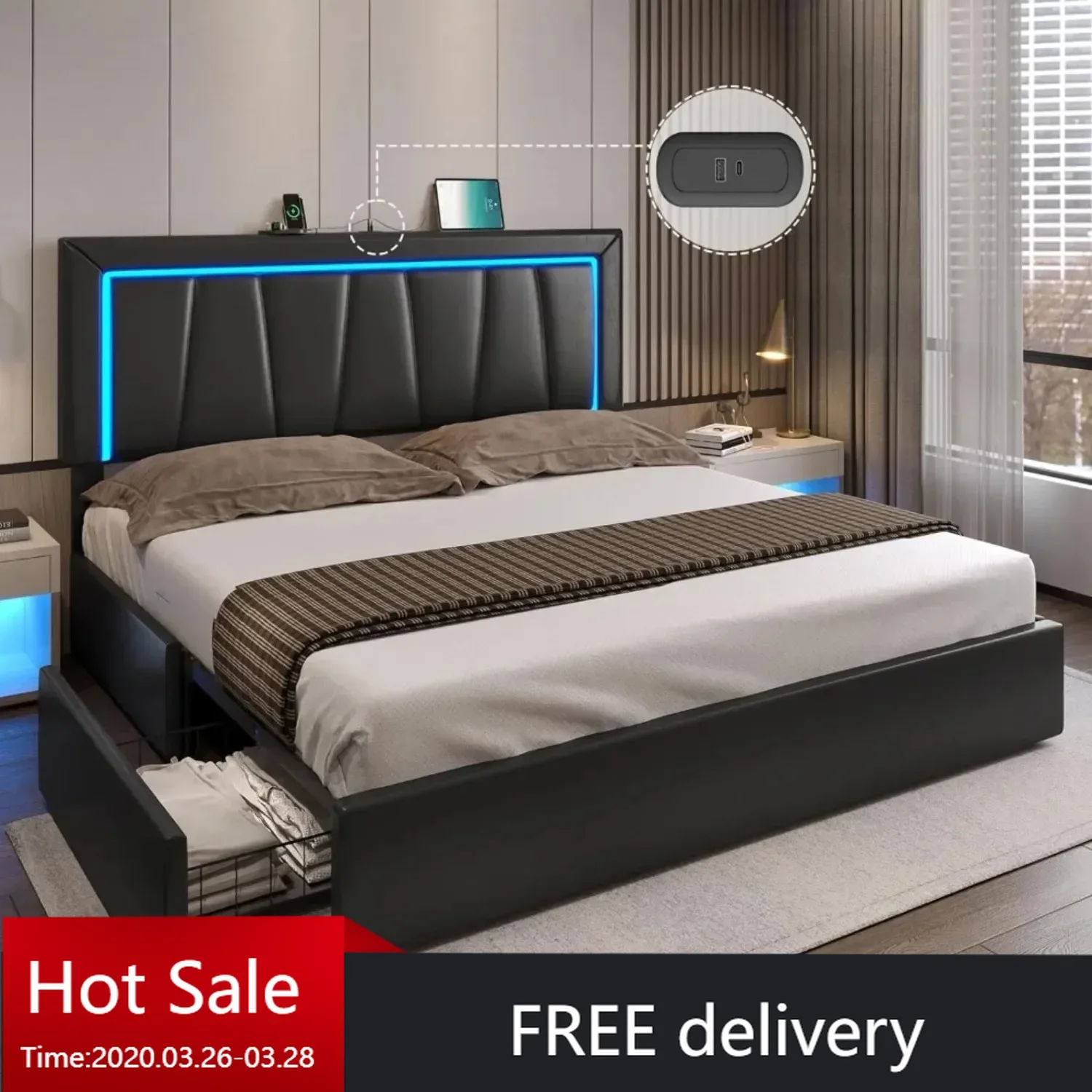 

California King Bed Frame with 4 Storage Drawers and Led Lights Upholstered Platform Bed Frame with USB Ports and Headboar