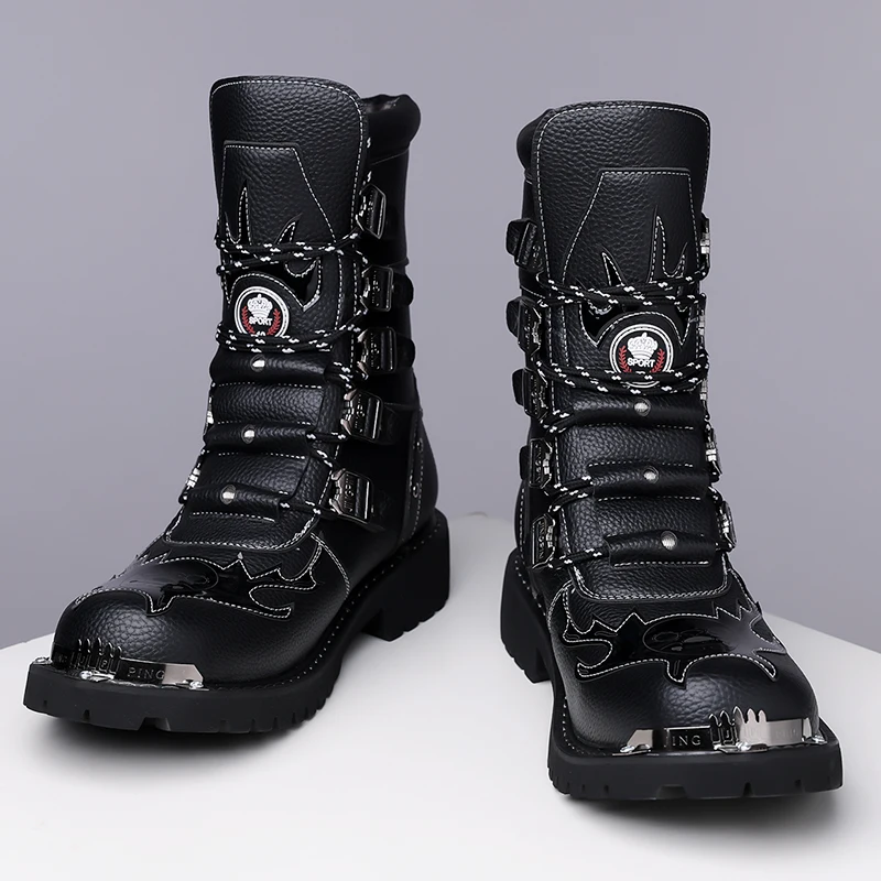 

European American Men Black Fashionable Cool Mid Tube Motorcycle Boots with High-end Feel Metal Splicing Punk Style