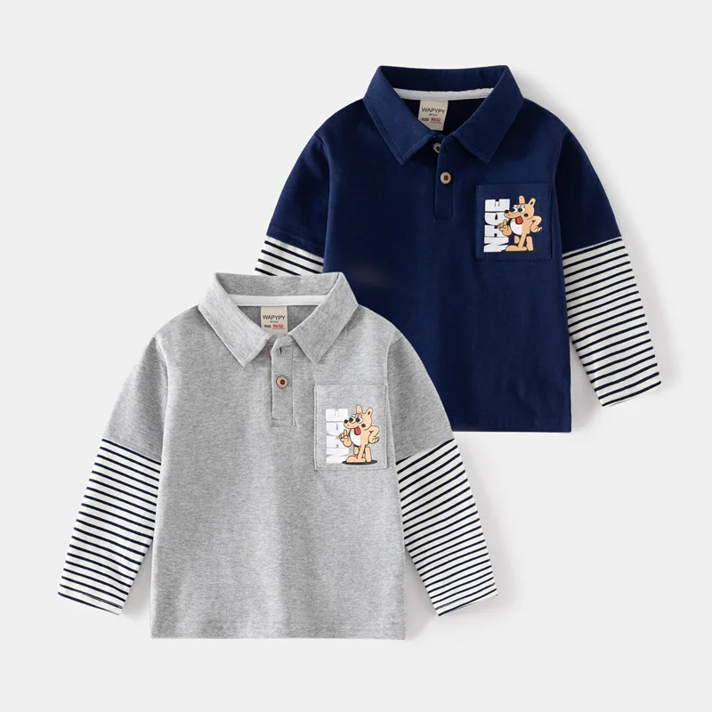 2026 Spring Autumn Boys Fake Two-piece Set Polo Shirt Children Long Sleeves T-shirt Korean Version Style Baby Cartoon Top