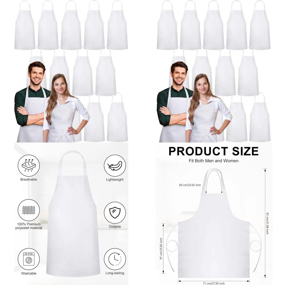 

Unisex Bulk Plain White Machine Washable Aprons - Adjustable Bib Aprons for Men & Women