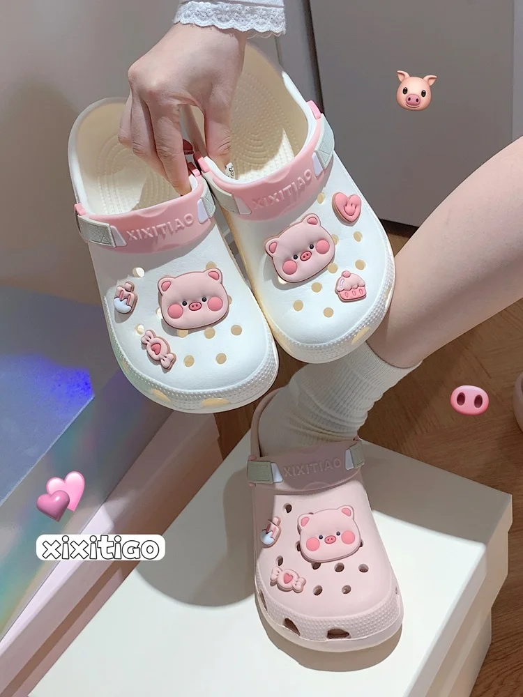 

Soft Cute Pink Pig Hole Garden Shoes Women Sandals Summer DIY EVA Anti Slip Outer Wearing Beach Sandals For Women Home Slipper