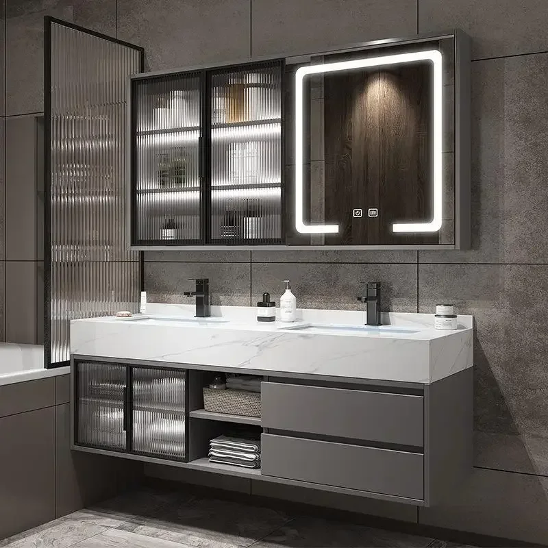 Luxury Bathroom Mirror Cabinet Double Basin Slate Integrated Ceramic Washbasin Bathroom Cabinet Bathroom Furniture