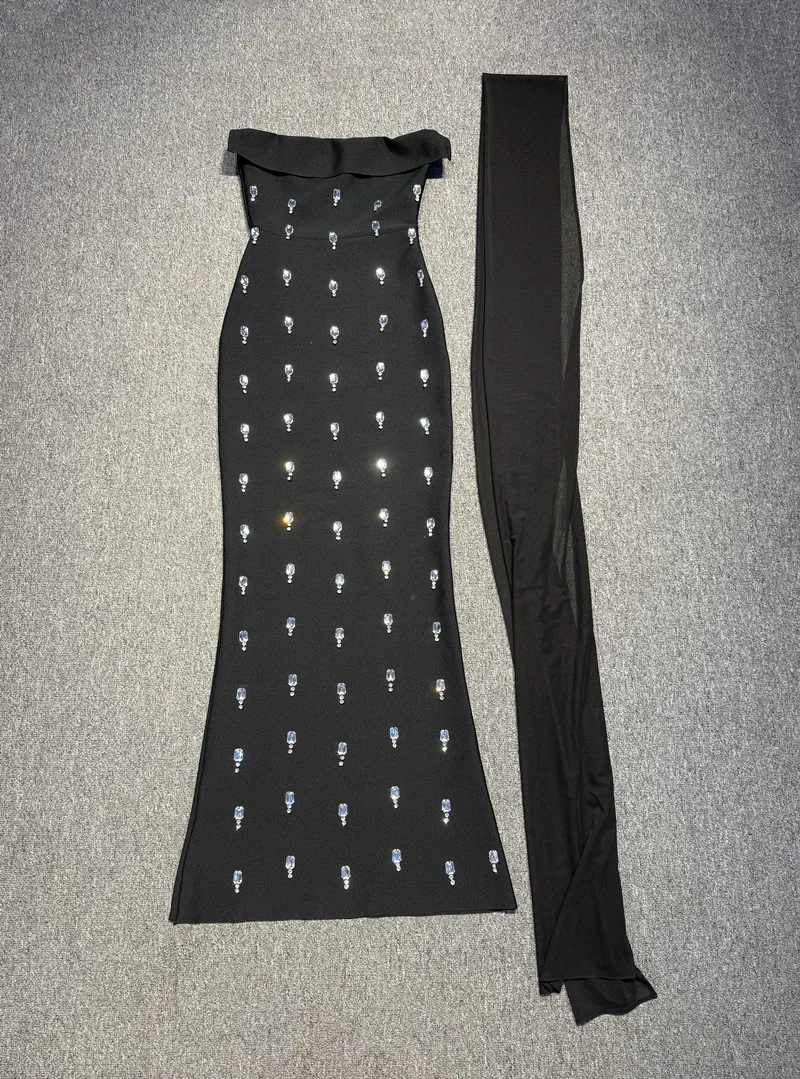 Women Black Sleeveless Diamonds Bodycon Bandage Dresses Luxury Strapless Shinning Crystal Maxi Dress With Mesh Scarf Evening Par