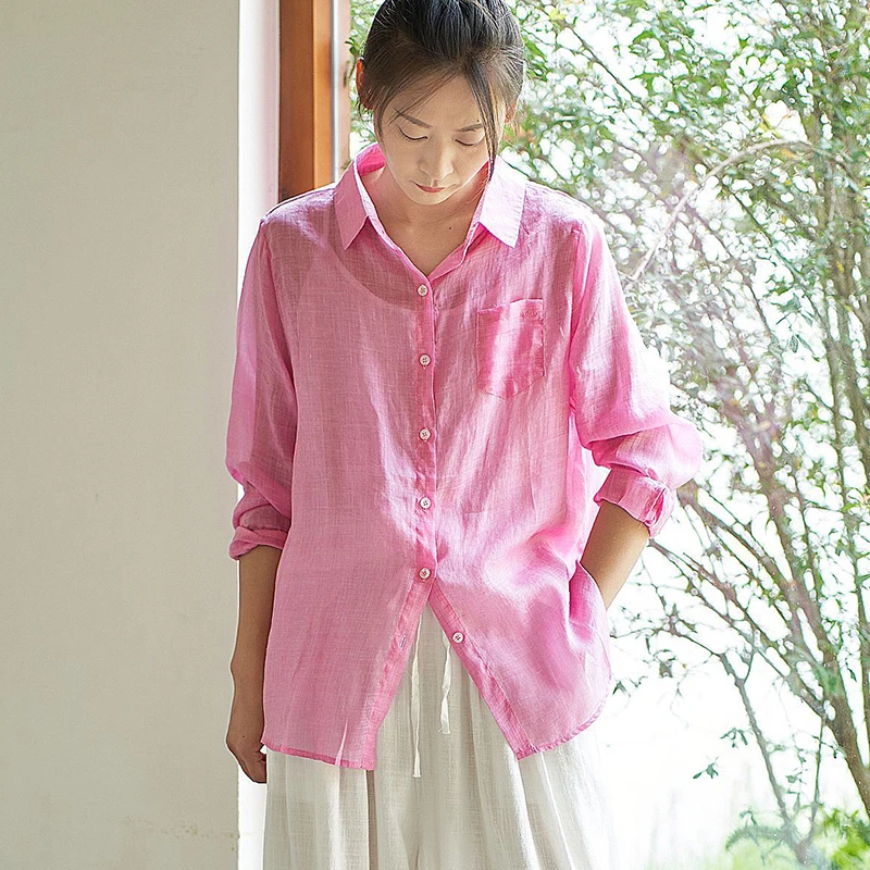 

Women Long Sleeve Linen Shirt New Arrival 2025 Summer Simple Style Turn-down Collar Loose Female Casual Pink Tops Shirts M1835