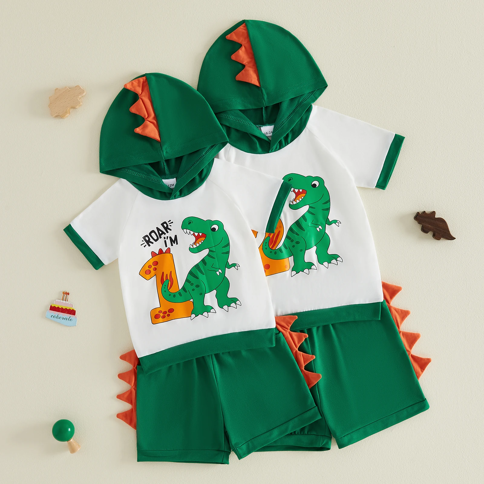 Baby Boy 1st Birthday Outfits Letter Number Dinosaur Print Hooded Short Sleeve T-Shirts Elastic Waist Shorts 2Pcs Costume Set