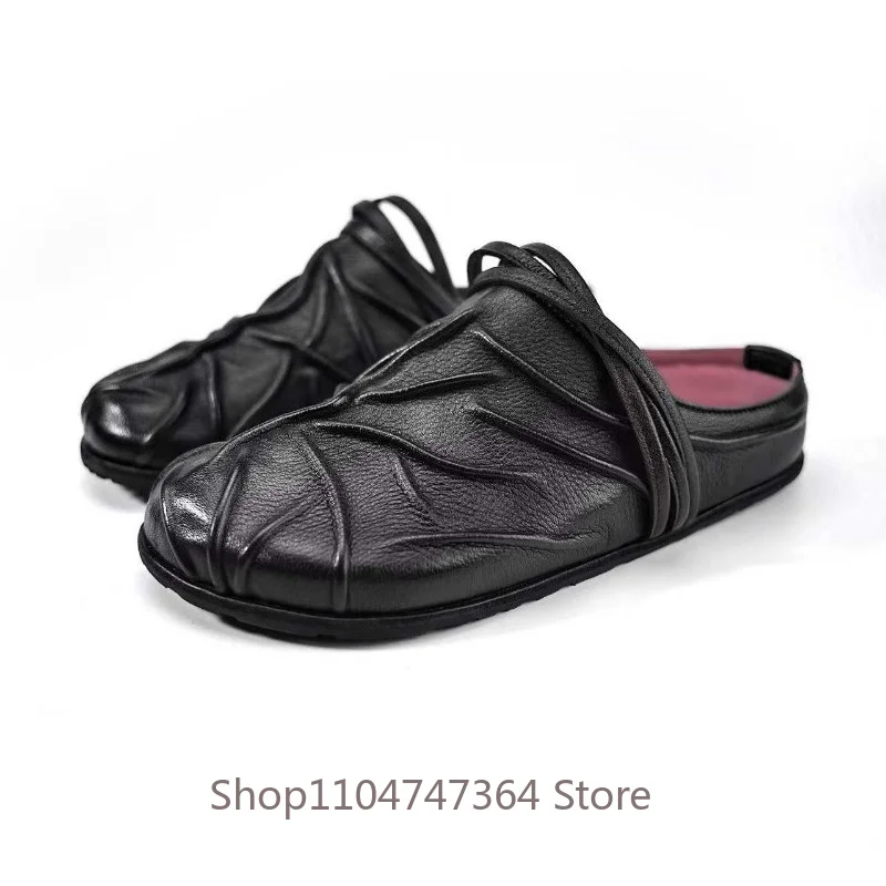 Premium Genuine Leather Slip on Fashion Men's Slippers Outdoor Designer Casual Flat Handmade Pleating Craftsmanship Male Shoes