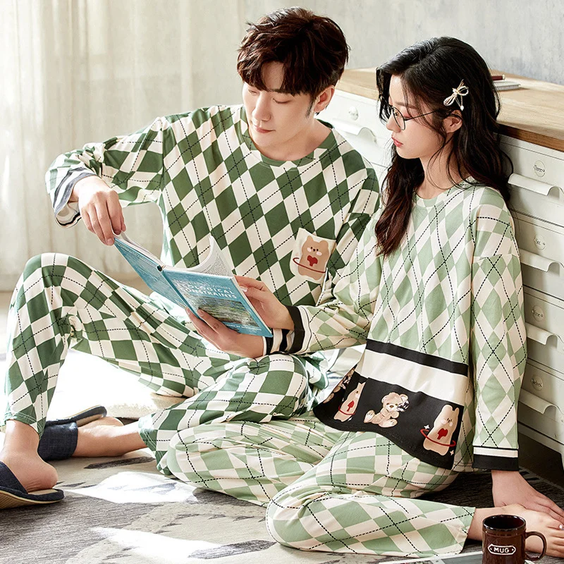 Autumn Couple Pajamas Set Cotton Long Sleeves Pants Home Suit Cartoon Causal Lovers  Comfortable Two-piece Sleepwear