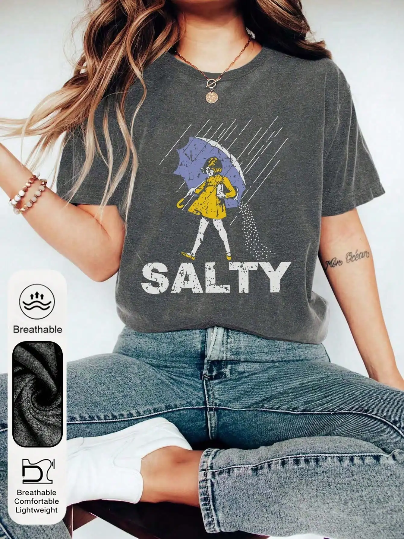 

Women's Casual Graphic Print Round Neck Short Sleeve T-Shirt - Distressed Rainy Day Design
