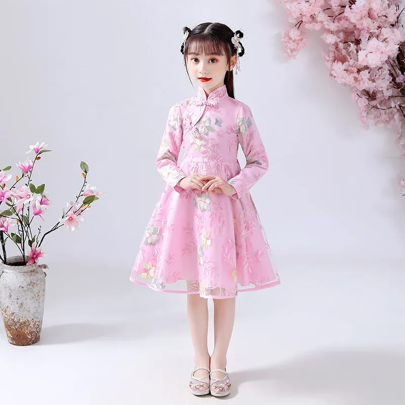 New Girls\' Hanfu Skirt Children\'s Long Sleeve Plus Fleece Thick Chinese Style Tang Dress Cheongsam Dress Princess Skirt