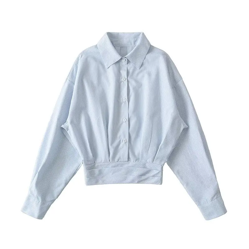 

Женская рубашка с синими полосками, весна 2026, новая европейская модель, свободный крой, с зауженной талией, однобортное пальто, укороченный топ с отложным воротником в стиле Spicy Girl