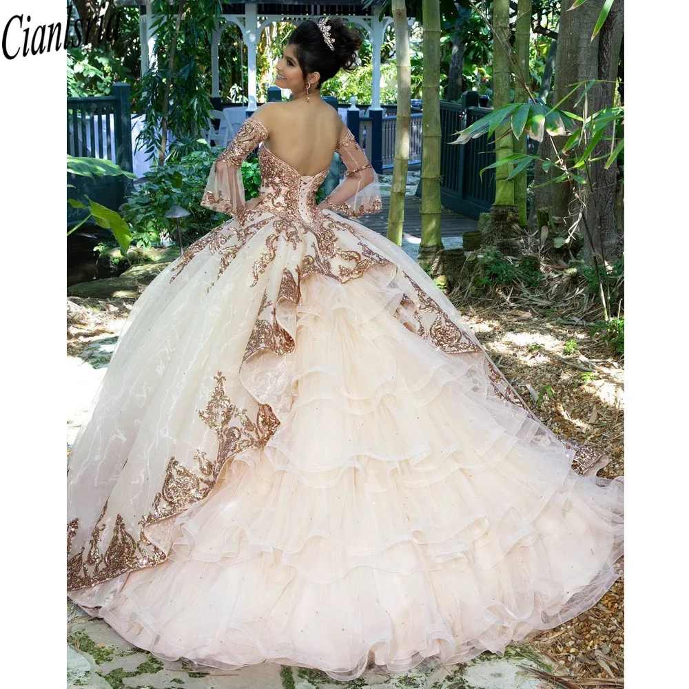 Rose Gold Sparkly Ball Gown Quinceanera Dresses Detachable Sleeves Sweetheart Sequines Applique Sweet 16 Dress Party Wear