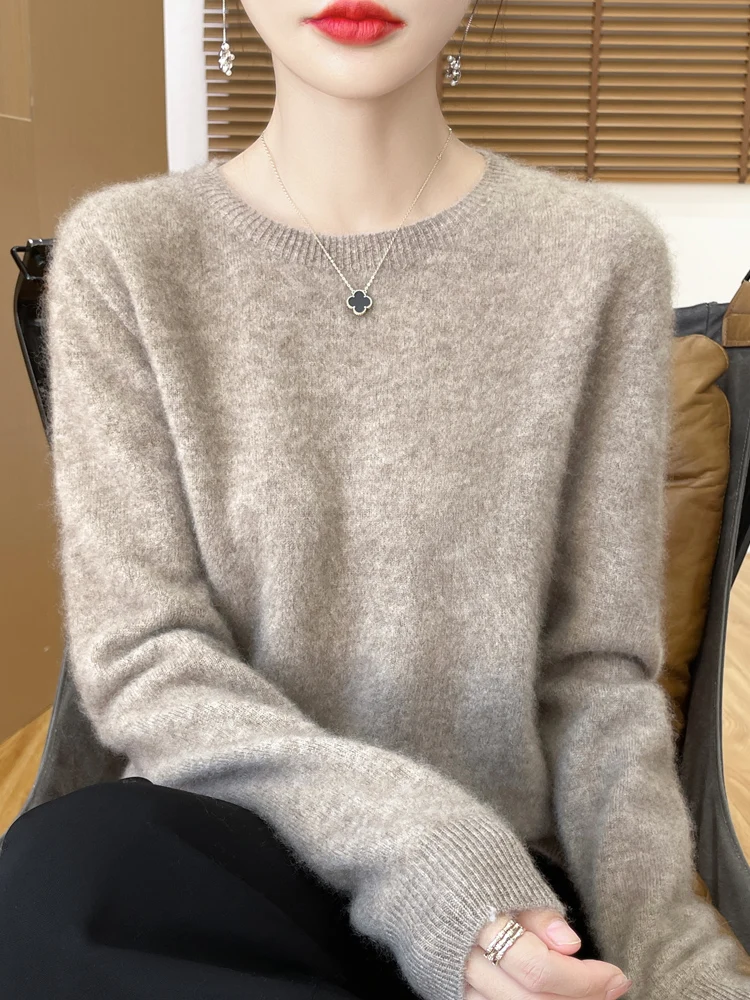 Suéter de lana merina de 100% para mujer, jerséis con cuello redondo, prendas de punto de Cachemira suaves y cómodas, Tops con parte inferior Base para mujer