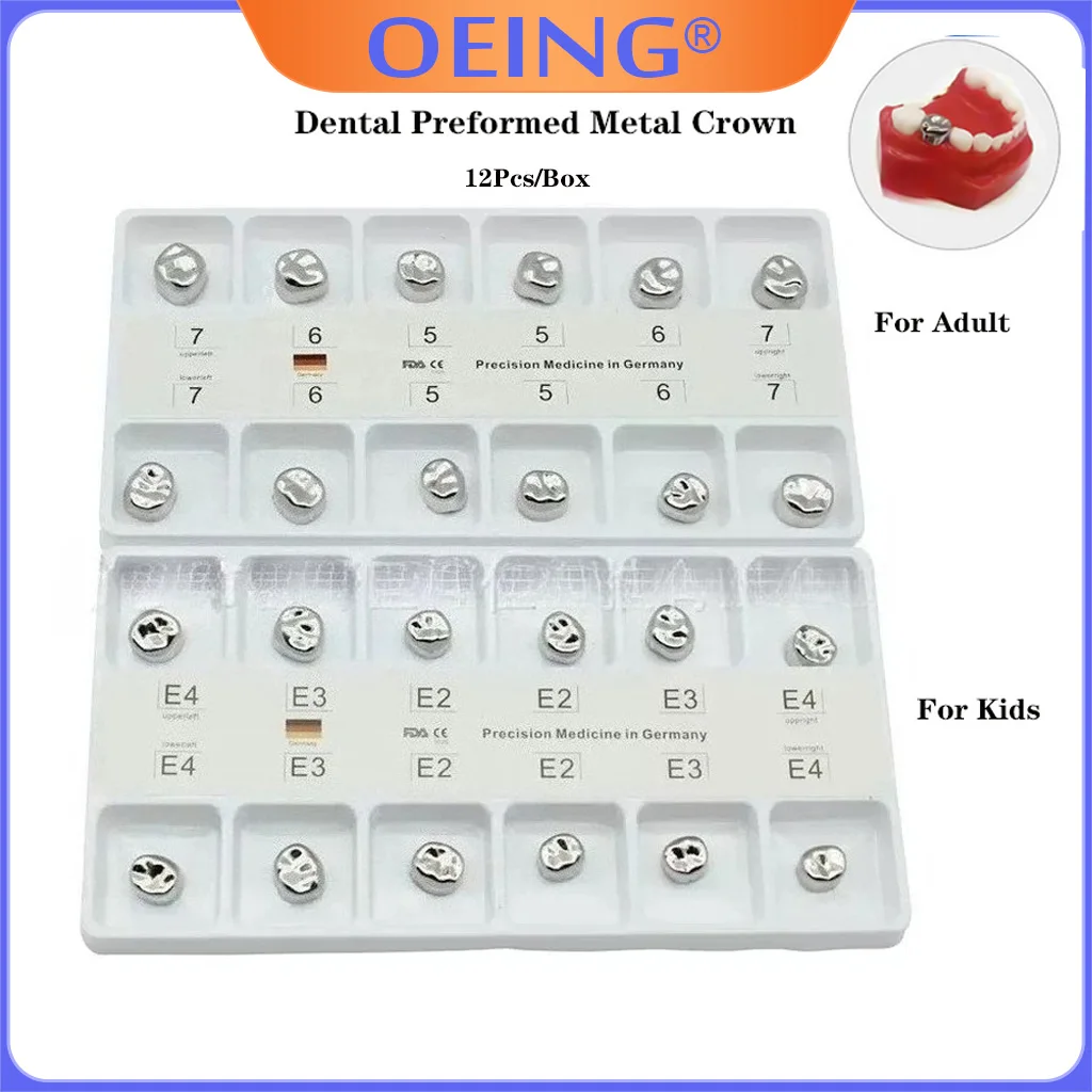 12Pcs/Box Dental Preformed Metal Crown For Adult Kids Primary Molar Teeth Dentist Materials Stainless Steel Temporary Crowns