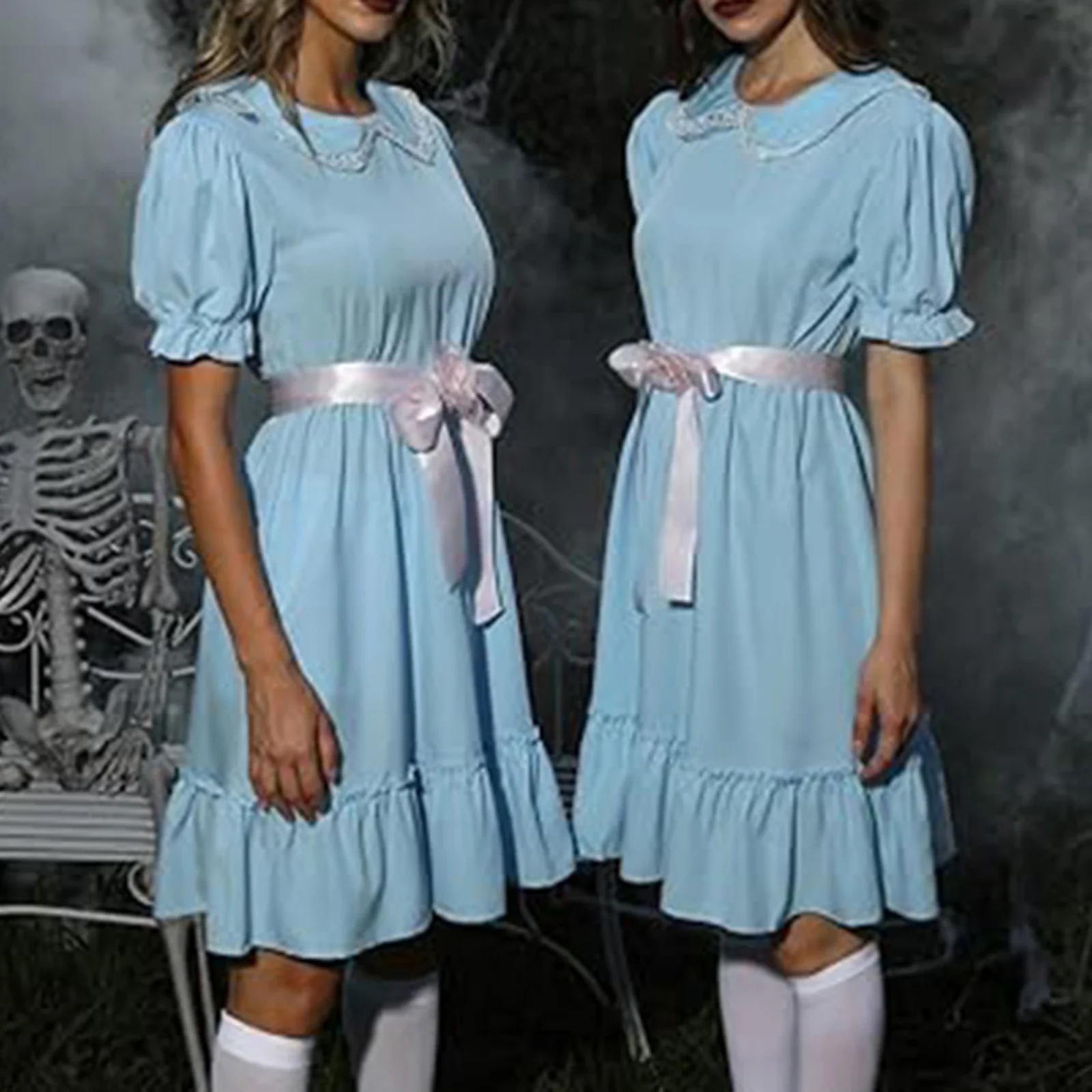 Vestido feminino com gola de boneca Halloween, manga plissada, babado em camadas, vestido linha A com cinto, clube diário da festa