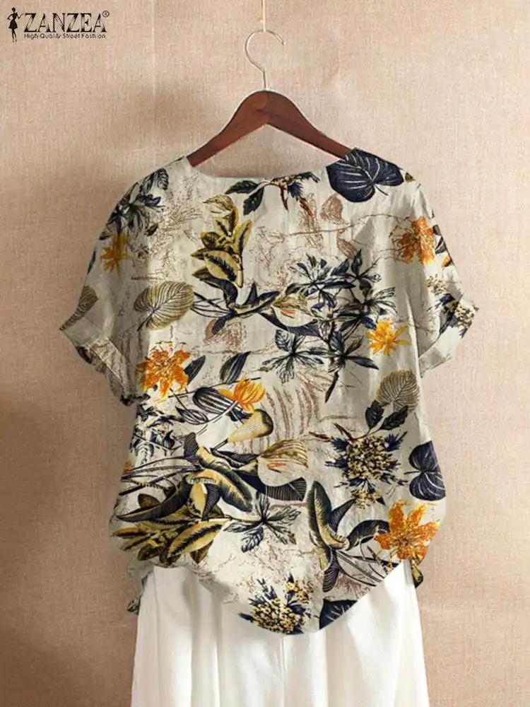 ZANZEA Women Cotton Shirt Fashion Female Floral Printed Tops Kaftan Chemise 2024 Summer Short Sleeve Blouses Causal O-neck Tunic