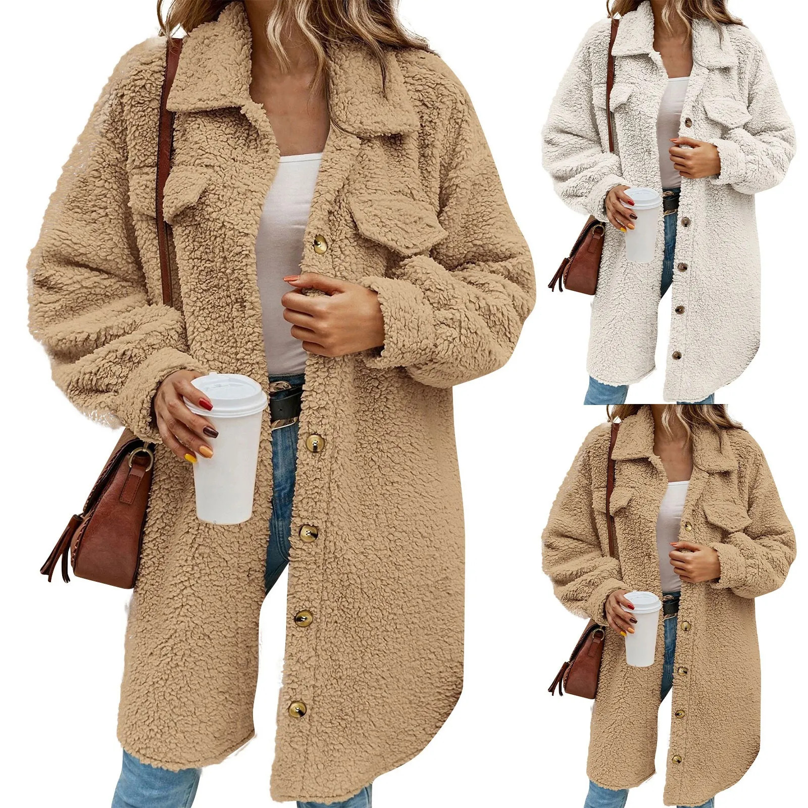 Giacca Abbigliamento invernale Donna Peluche Tinta unita Risvolto Peloso Trench lungo Temperamento femminile Cappotto caldo con cappotto lungo