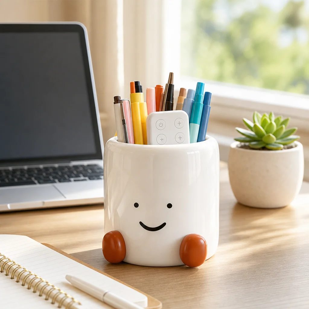 Large Capacity Smiley-Face Pen Holder Desktop Organizer Remote Control Storage Bin Thick Base PP Material for Office Desk School