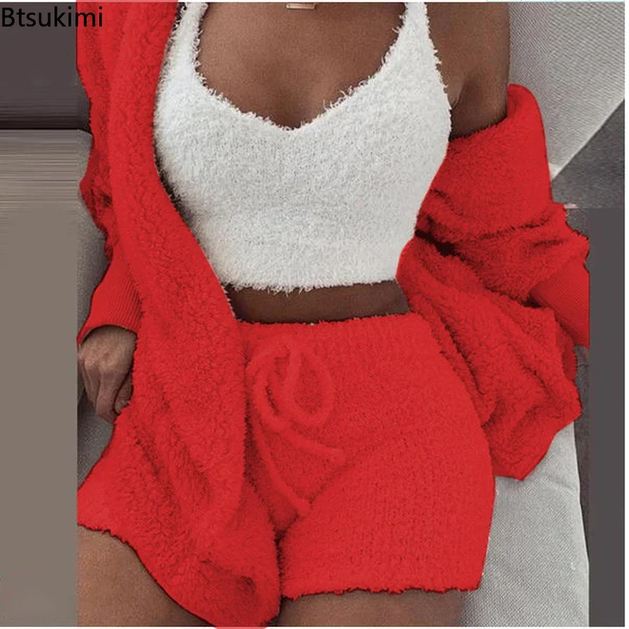 New Women Velvet Three Piece Suit Outfits Soft Warm White Matching Set Crop Top And Shorts Lounge Home Wear Pijama Oversize 2024