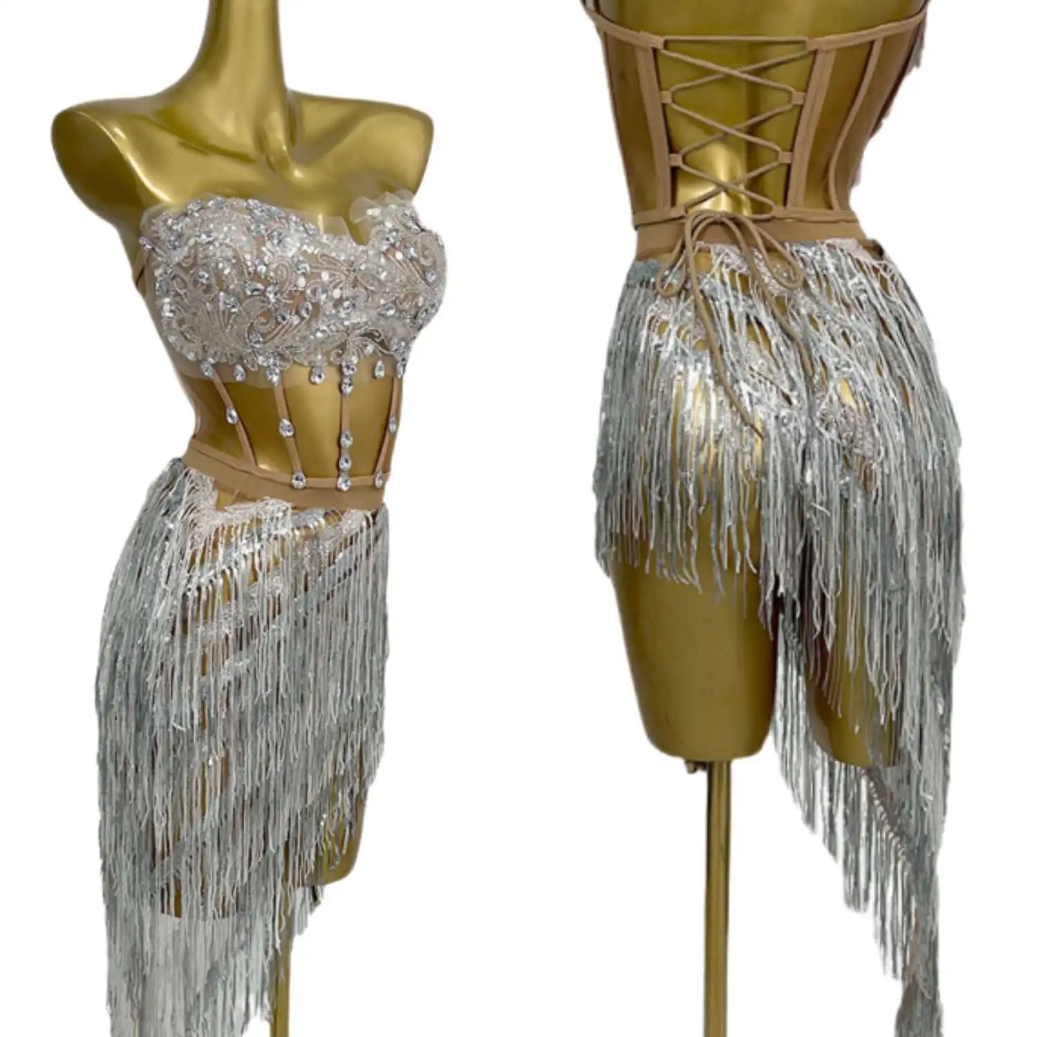 Rok Mini Atasan Crop Tanpa Tali Rumbai Payet Berlian Imitasi Set 2 Potong Pakaian Punggung Terbuka Wanita Seksi Pakaian Pemotretan Pesta Wenrou