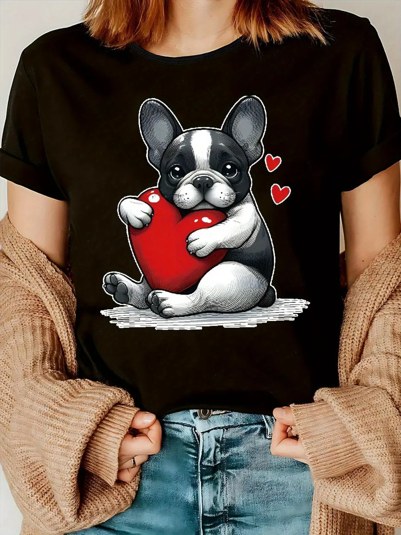 2023 Nieuw casual T-shirt met korte mouwen voor dames - schattige Franse Bulldog & harten grafische print, zwart T-shirt met ronde hals