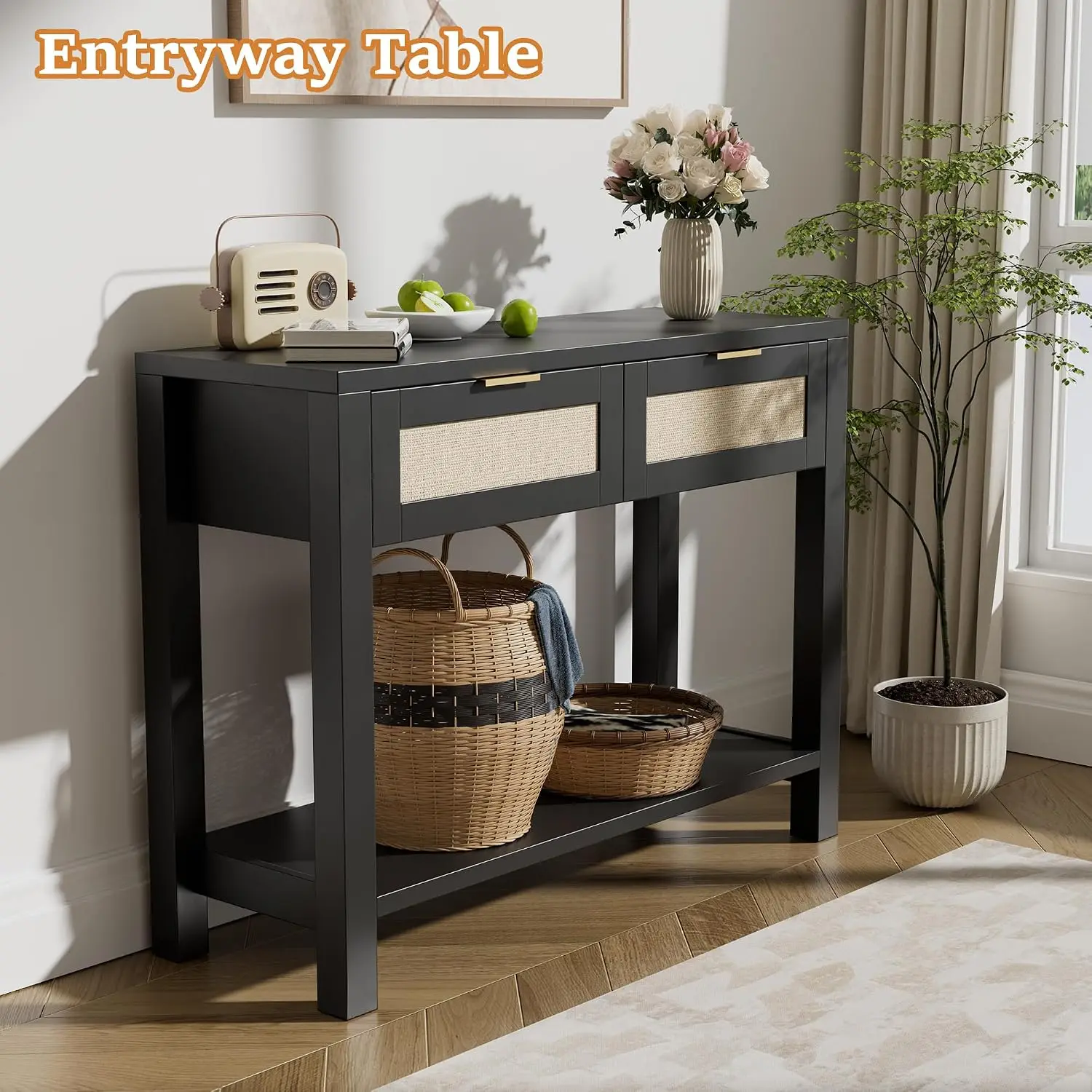 Boho Console Table with 2 Rattan Drawers & Open Shelf, Narrow Farmhouse Table for Entryway Living Room Hallway, Customized view 6