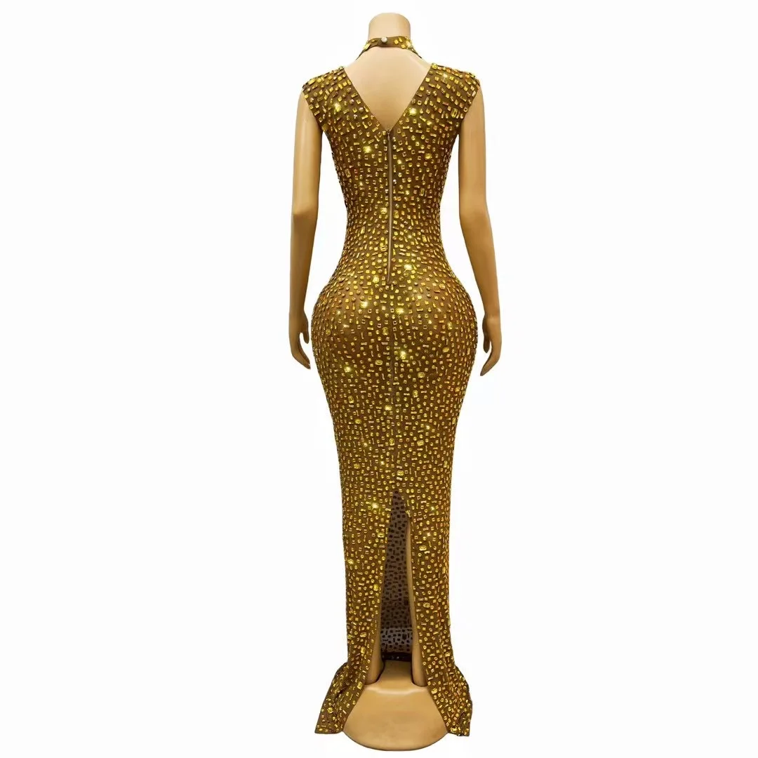 Popularna złota błyszcząca suknia wieczorowa kostium piosenkarki sukienka bankietowa spódnica kostiumowa do klubu nocnego