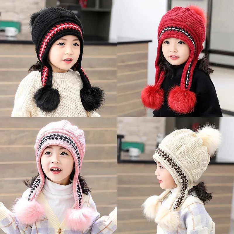 

Hot New Princess Hat Beanie children's Hat Cute girl's Hat Winter Plus Fleece Warm Baby Ear Cap Woolen Hat