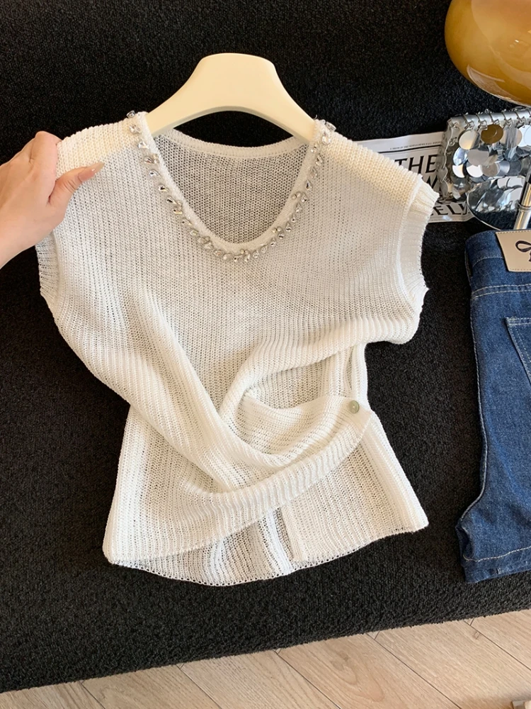 

Delicate Diamond Embedded Knitwear Women's Summer New Style Button Waist Cinching Shoulder Top Commute Korean Style Straight Cut