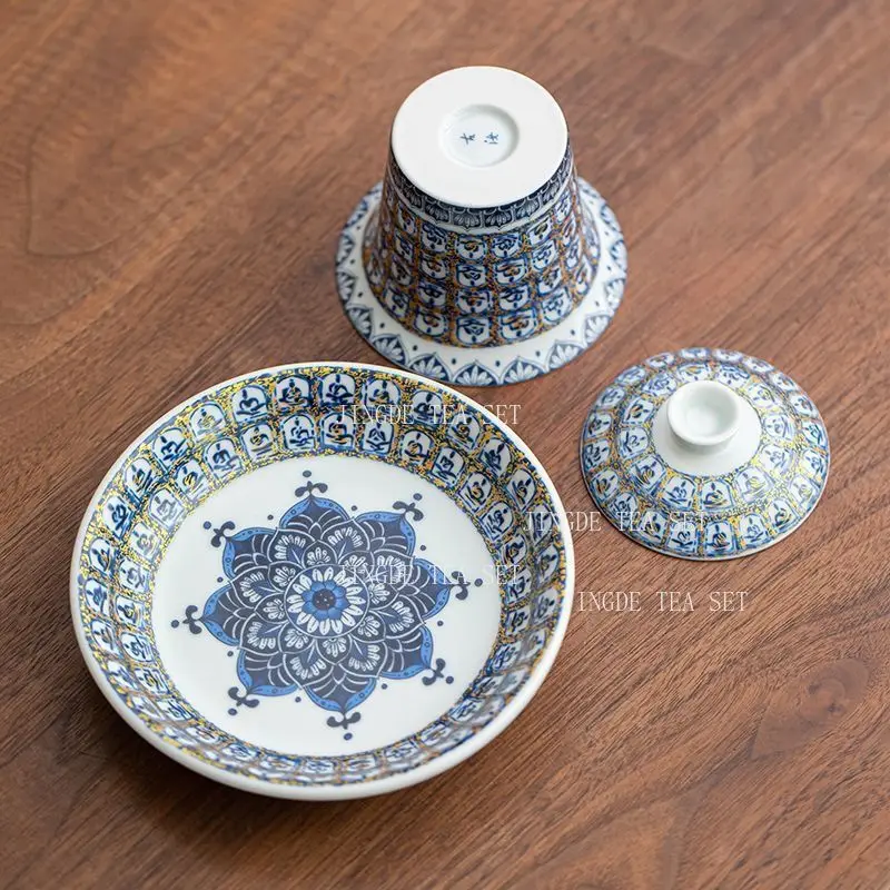 150ml﻿ Blue and White Porcelain Thousand Buddha Pattern Gaiwan Tea Bowl Set Chinese Kung Fu Tea Brewing Vessel Lid Bowl Saucer