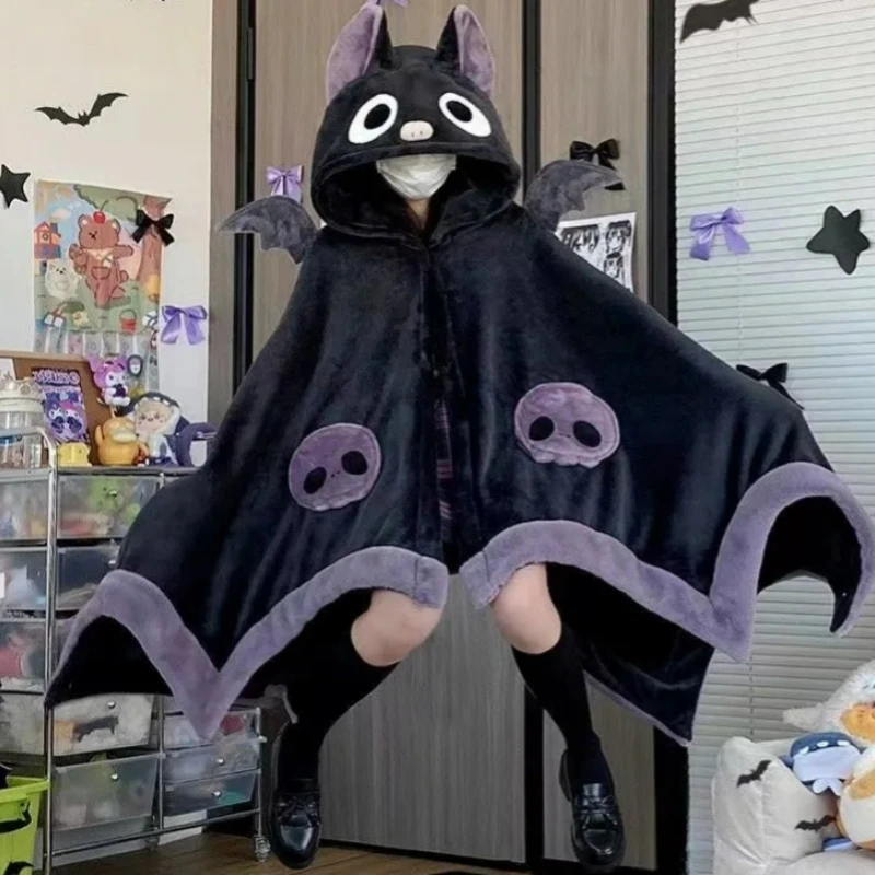 Cartoon Animation Sanrio Kuromi Little Devil Bat Air Conditioning Blanket Coral Velvet Shawl Cloak Hooded Robe