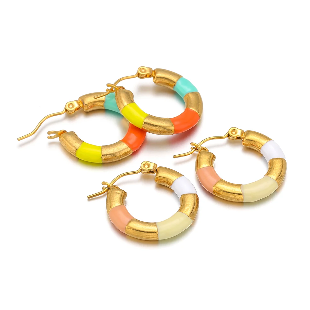 2pcs Stainless Steel Gold Plated Oval Wire Three Color Enamel Earrings Hoops for Jewelry Fashion Findings Supplies Wholesale
