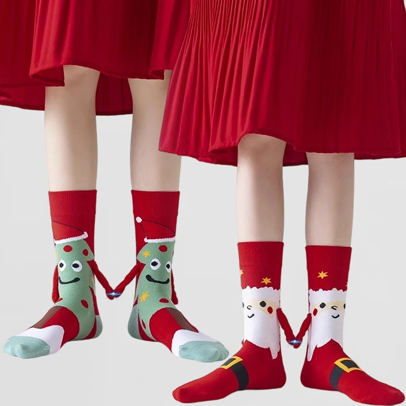 2025년 신상 크리스마스 자석 연인 양말 귀여운 중간 길이 양말 손잡고 있는 디자인의 커플용 따뜻한 겨울 양말