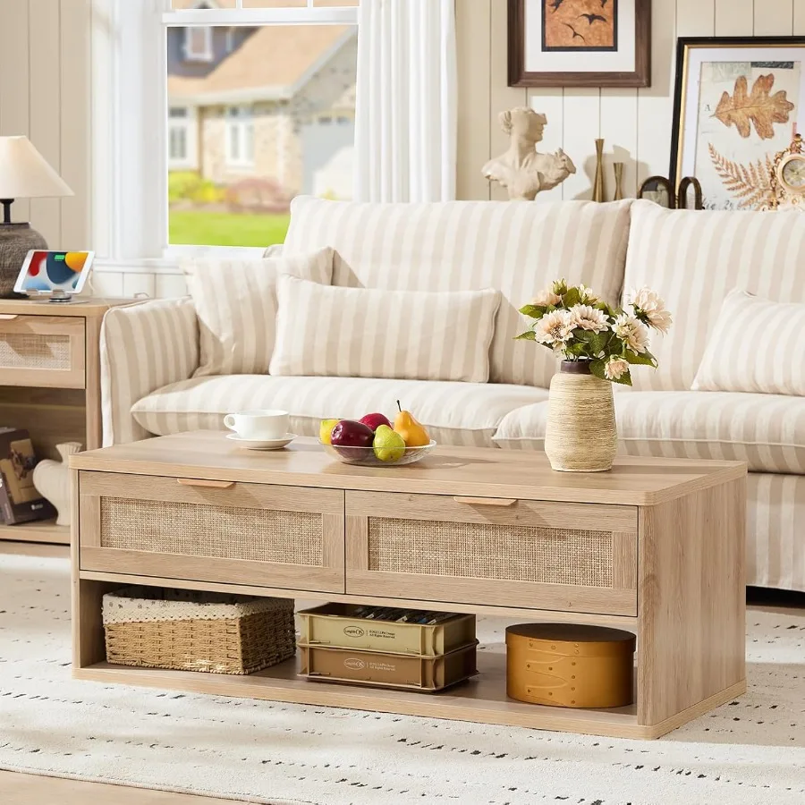 48 Farmhouse Boho Rattan Coffee Table with 2 Woven DrawersRectangular Coffee Tables with Hidden Storage Compartment Curved Prof