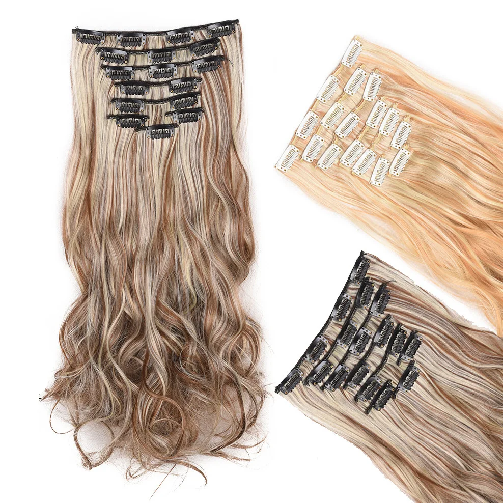Synthetic Clip in Hair Extensions 8Pcs 17Clips Long Curly Natural Wave Wig Set for Women Cosplay Party Daily Wear