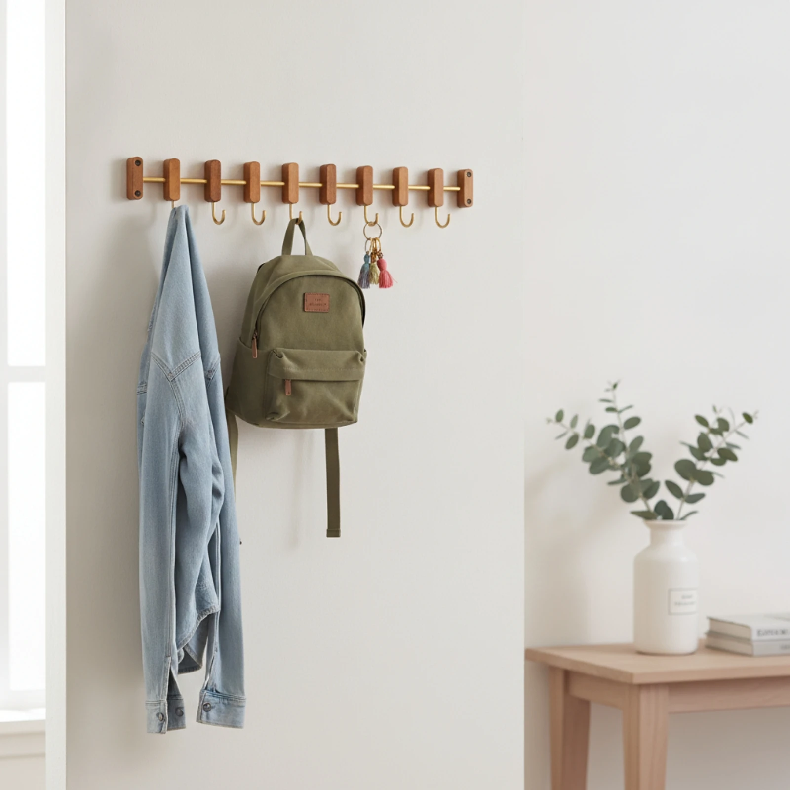 Wall Coat Rack with Sliding Hooks Space-Saving Wooden Hook Rack with Metal Rod Adjustable Wall Hanger Stylish Organizer view 4