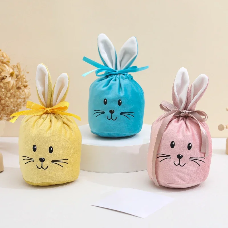 10Pcs/lot Easter Cute Bunny Velvet Ribbon Bags with Smiley Face for Bundling Gift Pouch,Perfect for Easter Decorating