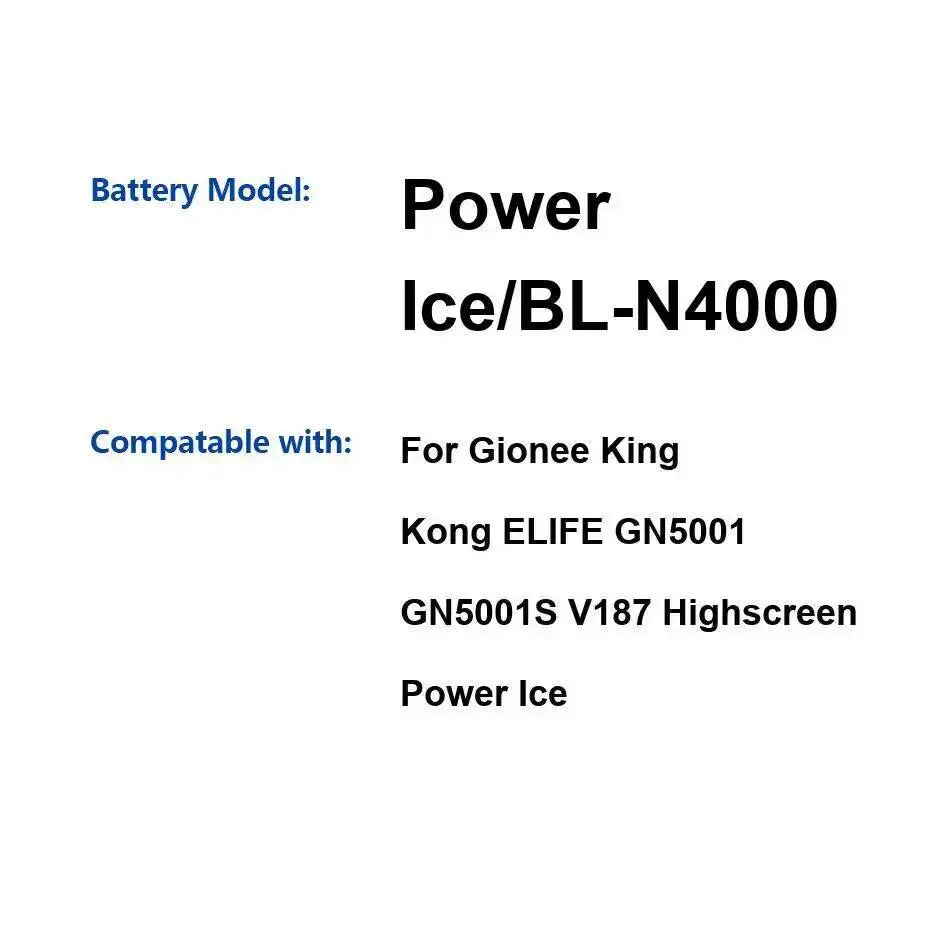 

Mobile Phone Battery 4000Mah For Highscreen Power Ice Gionee King Kong Elife GN5001 GN5001S V187 BL-N4000