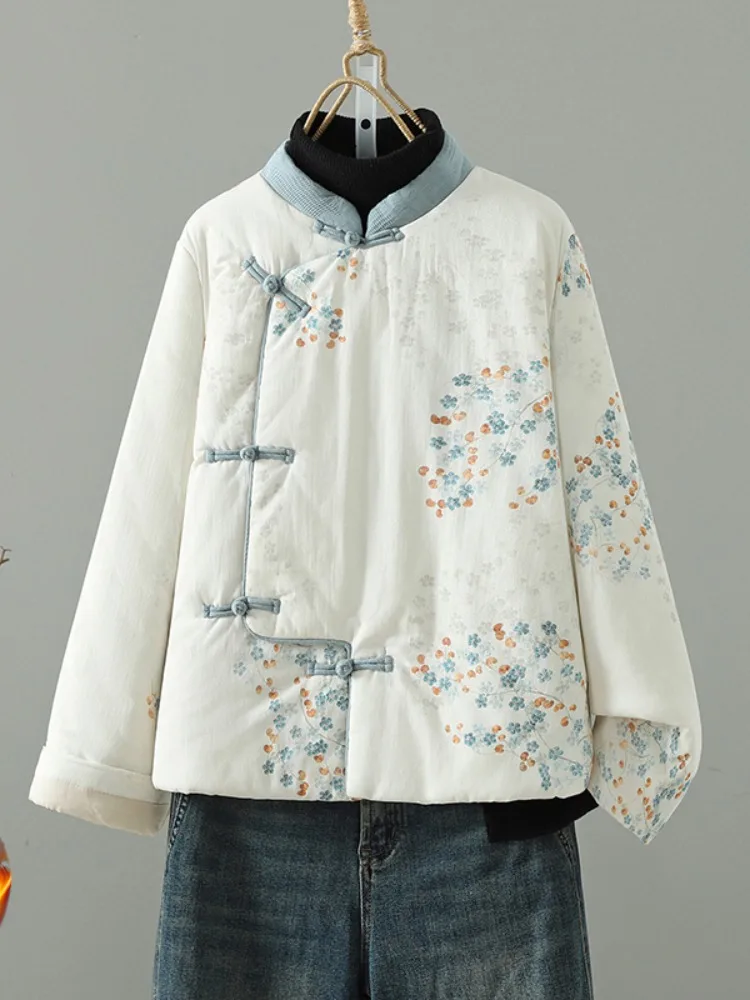 

Китайское хлопковое фланелевое женское зимнее пальто с воротником-стойкой и принтом, теплая верхняя одежда на пуговицах в стиле ретро, свободная посадка