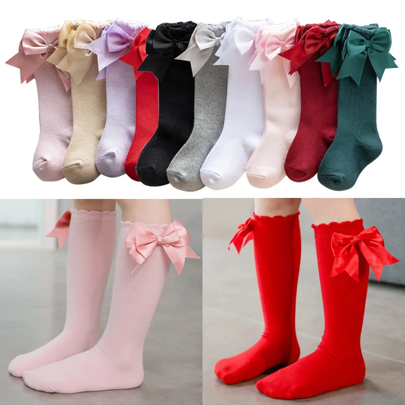 12 Colors Girls Socks Double Bows Cotton Baby Children Sock Soft Baby Long Tube Socks Kids Princess Knee High Socken For 0-7Y