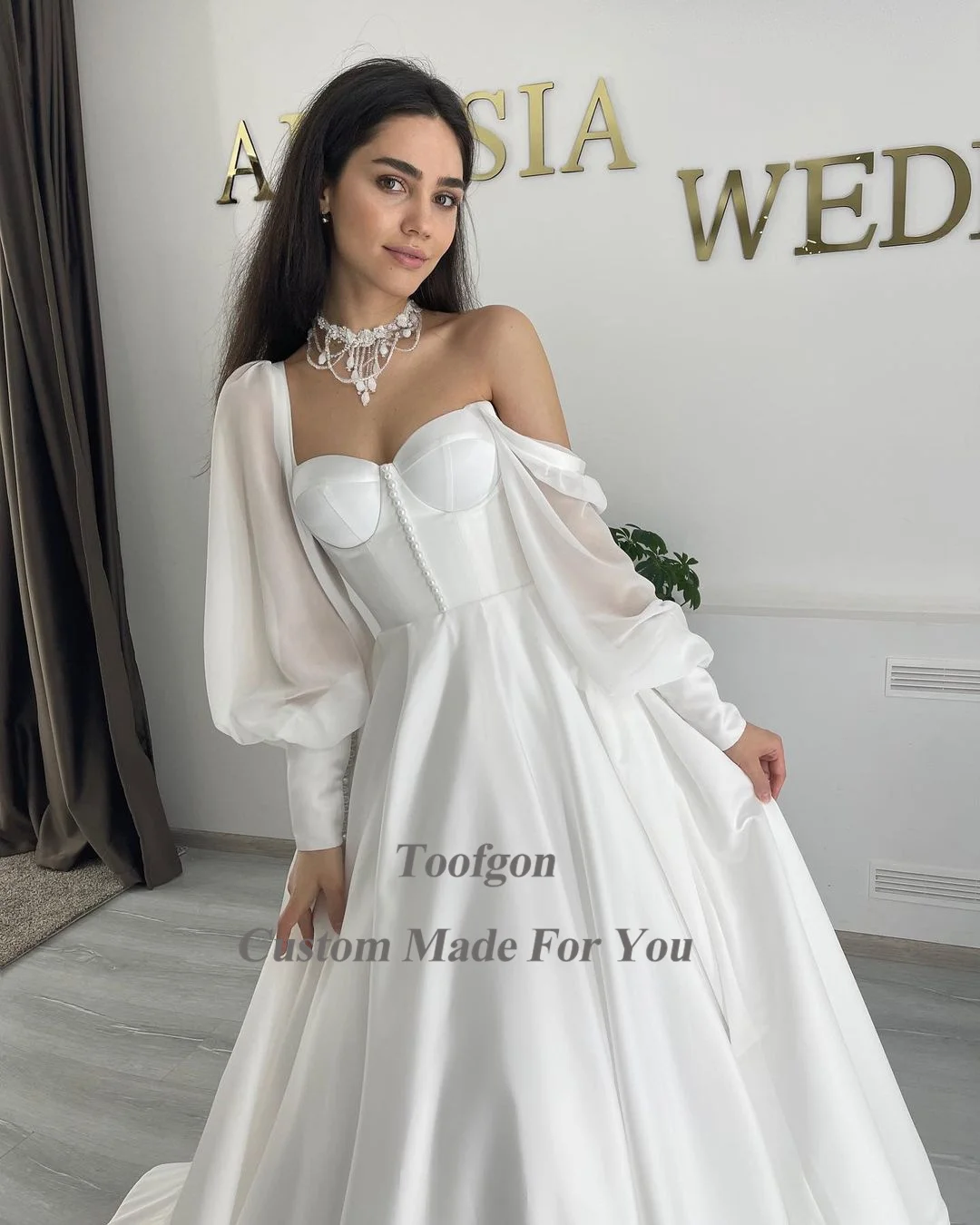 Toofgon A Line Satijnen Trouwjurken Chiffon Lange Mouwen Veterparels Bruid Bruidsjurken Feestjurk Robe De Mariée