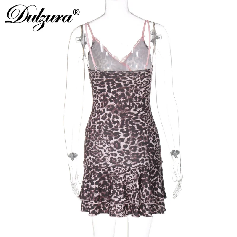 Dulzura pizzo Patchwork leopardo Cami Mini abito scollo a v senza maniche vestito Sexy per le donne Party Club autunno inverno