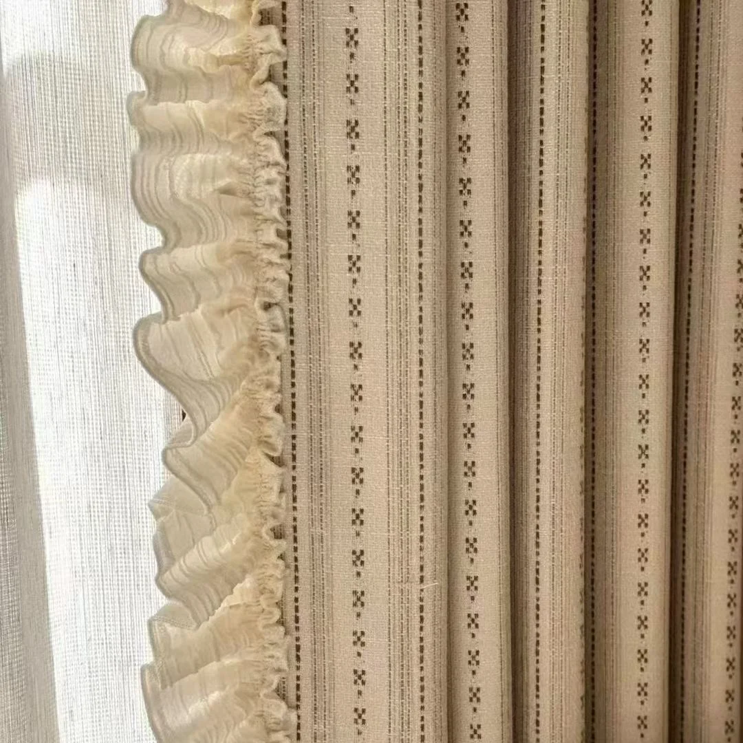 Cottage Cross Stripe Linen Curtain with Ruffle Trim, Farmhouse Beige Textured Light Filtering Window Drapes for Bedroom