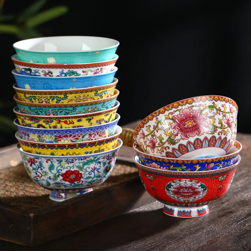 2023 New Chinese Style Ceramic Bowl Enamel Colored Rice Bowl Kitchen Dish Set Bone Porcelain Household Bowl salad bowl set