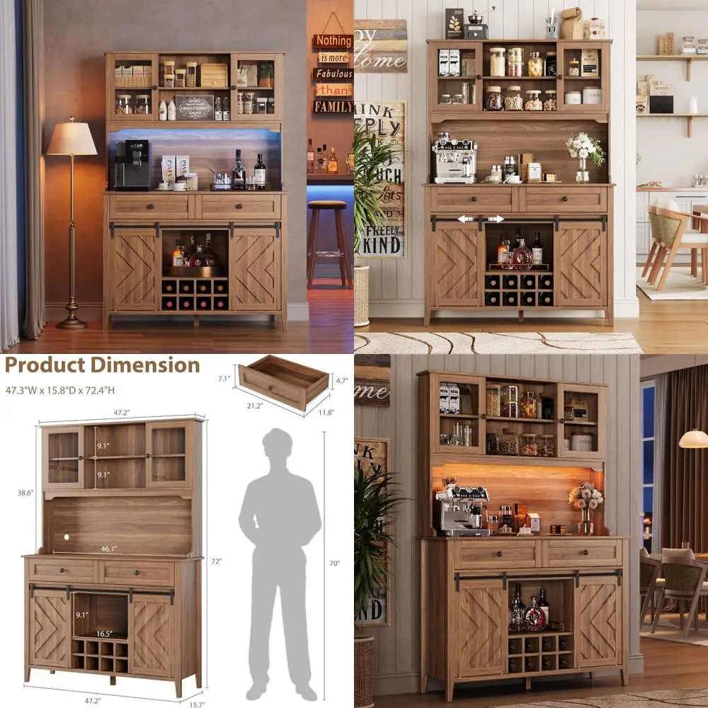 

Буфет-шкаф с 72 раздвижными дверцами, большой кухонный шкаф-буфет, винный шкаф с зарядкой, 2 ящика, 8 полок, светодиодная подсветка, в деревенском стиле, для кофейни/столовой