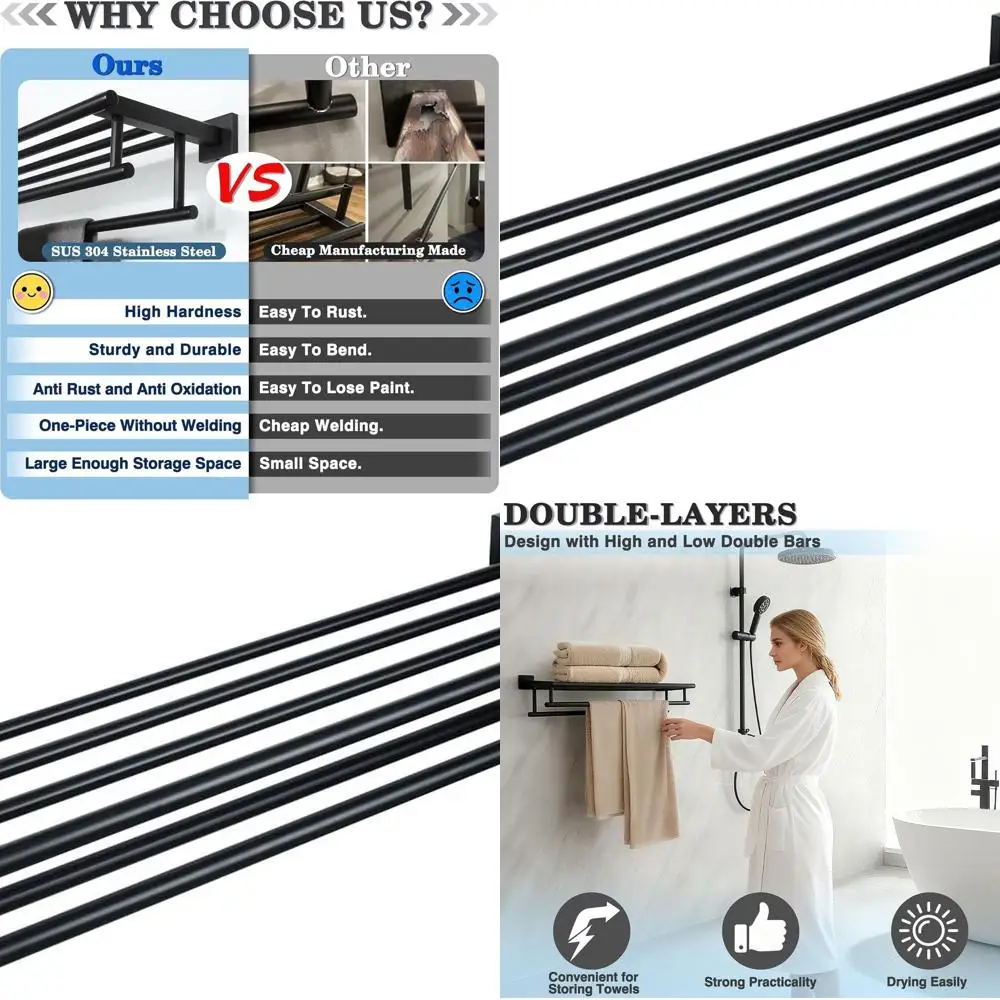 

28 Inch Double Towel Bar with Shelf, Wall Mount Stainless Steel Bathroom Towel Rack, Matte Black